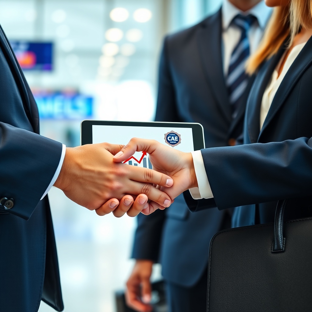 International business handshake with a tablet showing growth graph and CAE badge, representing the beneficios certificado CAE empresas for expanding into global markets and winning contracts.