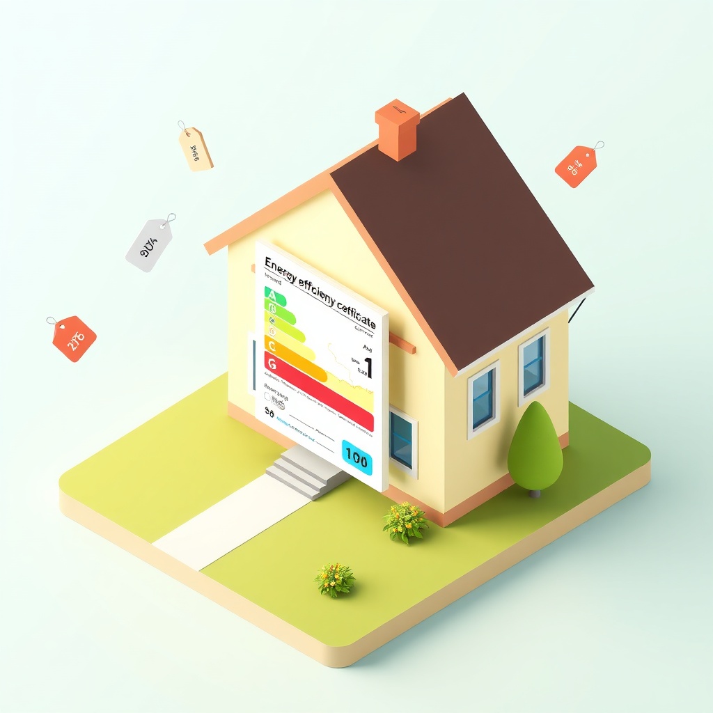 Ilustración de una vivienda con etiqueta de eficiencia energética y etiquetas de precio, representando los costes variables del certificado energético. Precios de certificados de energía según tipo de inmueble.