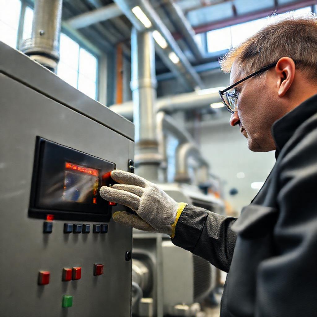 Técnico de mantenimiento ajustando un variador de frecuencia para optimizar el consumo de motores industriales, una medida de bajo costo para ahorrar energía en la industria.