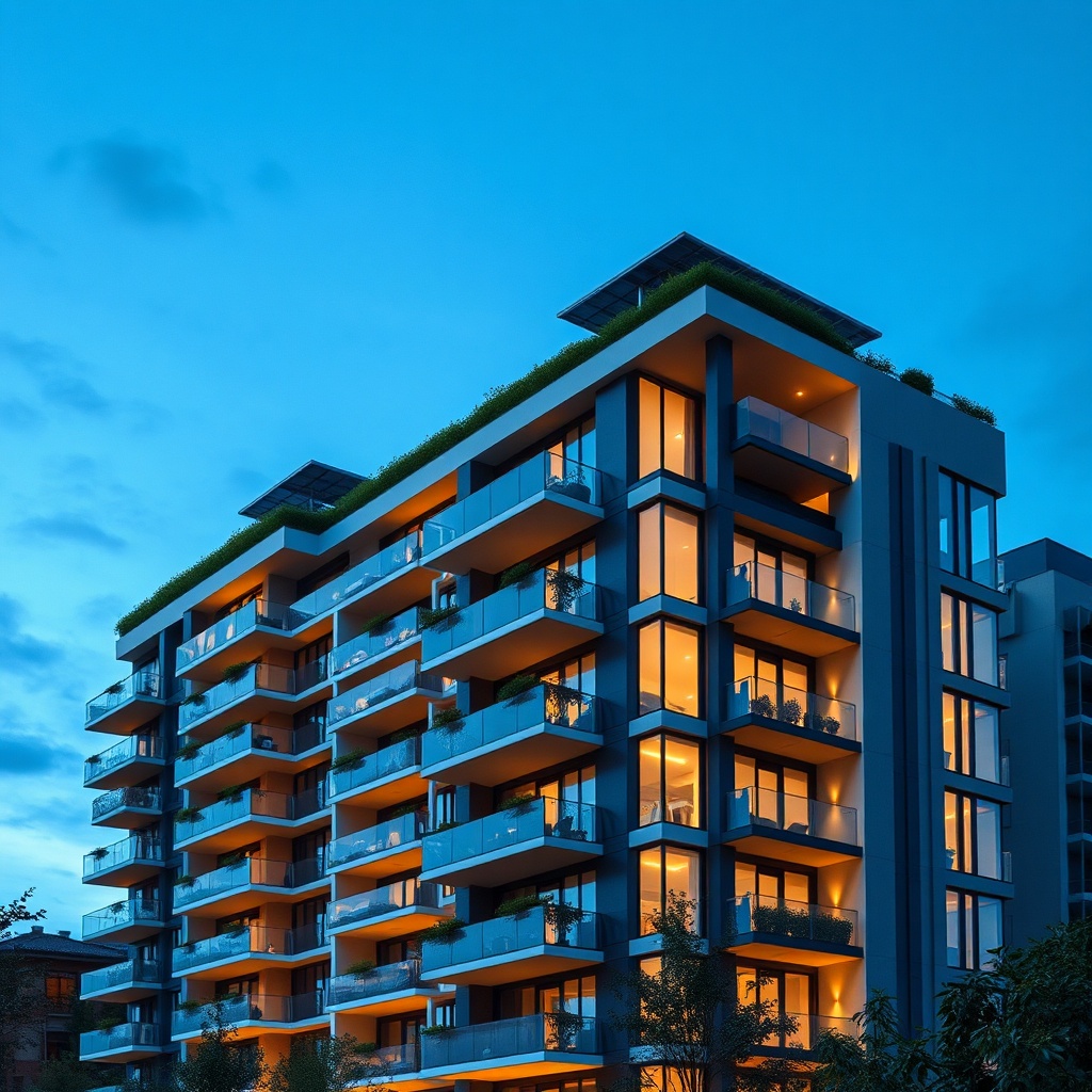 Edificio residencial de lujo con paneles solares y cubierta verde, representando la eficiencia energética alquileres lujo.