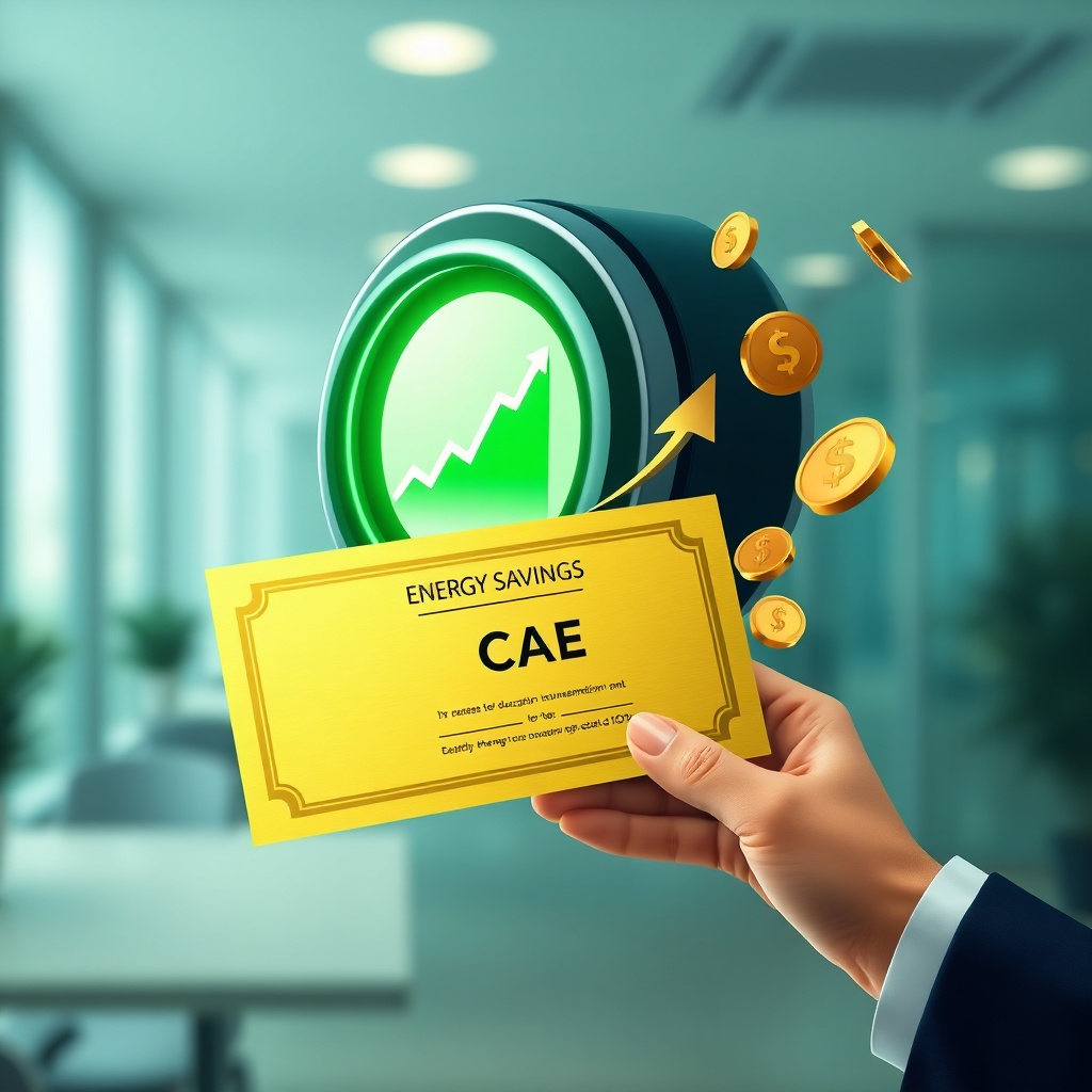 Representación visual de la monetización de eficiencia energética mediante certificados de ahorro energético, con gráficos de consumo y valor financiero, resultado de una auditoría energética CAE