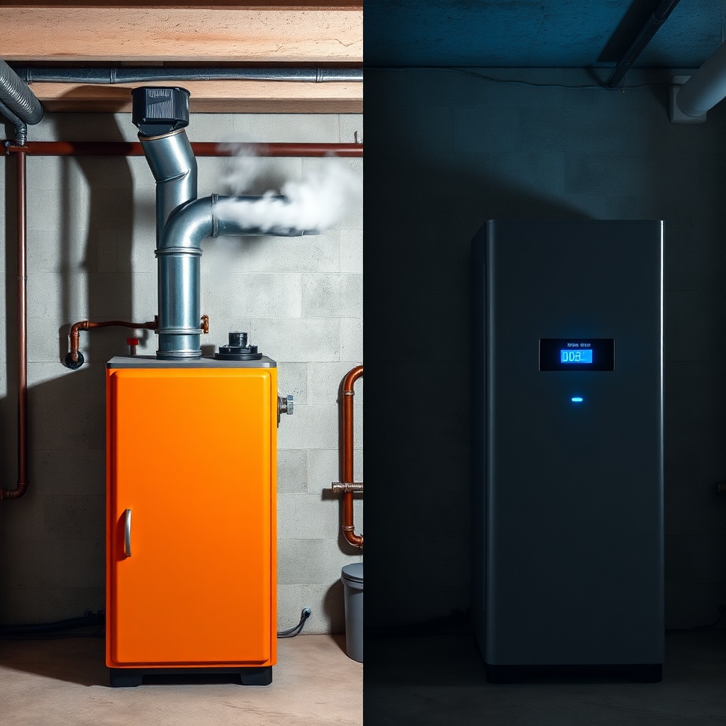 Comparison of a traditional gas boiler and a modern heat pump in a utility room, illustrating the key differences in bombas de calor vs sistemas tradicionales