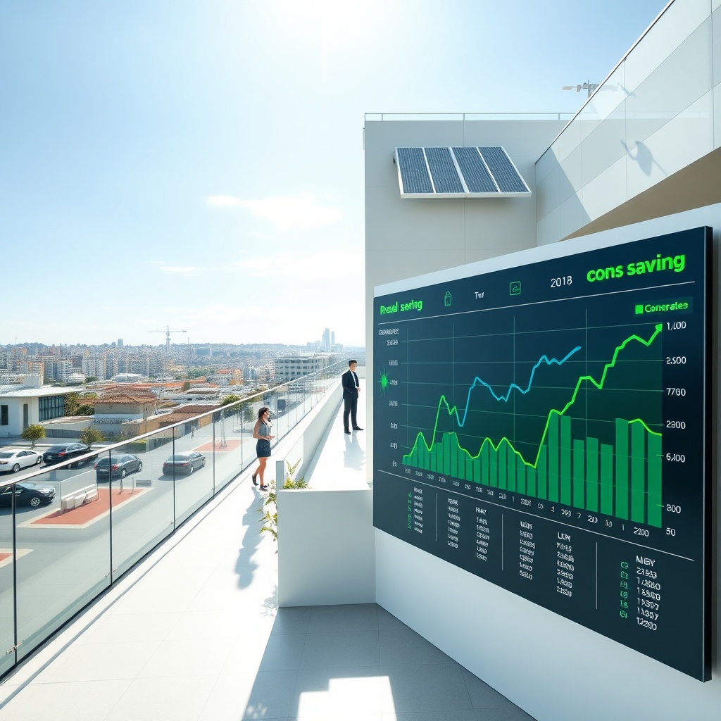Panel de control de eficiencia energética en una empresa española, mostrando datos de consumo y ahorro tras una auditoría energética, con energía solar renovable en el edificio.
