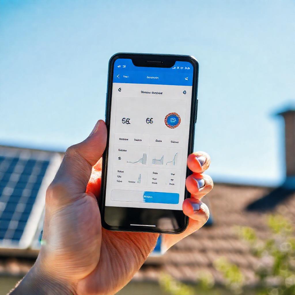 Aplicación móvil para gestionar autoconsumo fotovoltaico con certificados CAE, mostrando ahorro energético y venta de certificados, con placas solares al fondo.