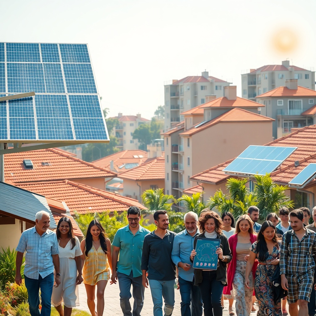 Community energy project with shared solar panels and collective autoconsumo fotovoltaico, empowering neighborhoods to generate and distribute renewable energy together.