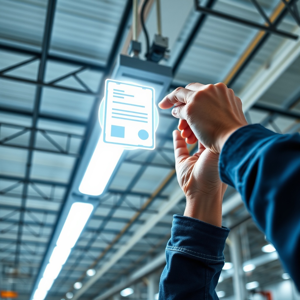Ingeniero instalando iluminación LED eficiente en una nave industrial, generando Certificados de Ahorro Energético para proyectos de eficiencia energética.