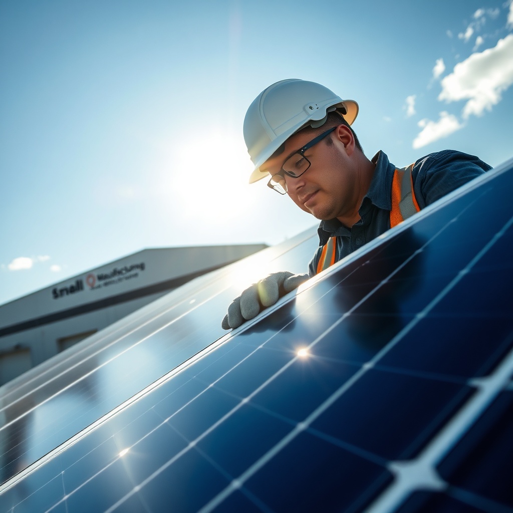 Técnico inspeccionando paneles solares en nave industrial, instalación de autoconsumo fotovoltaico pymes para reducir costes energéticos.